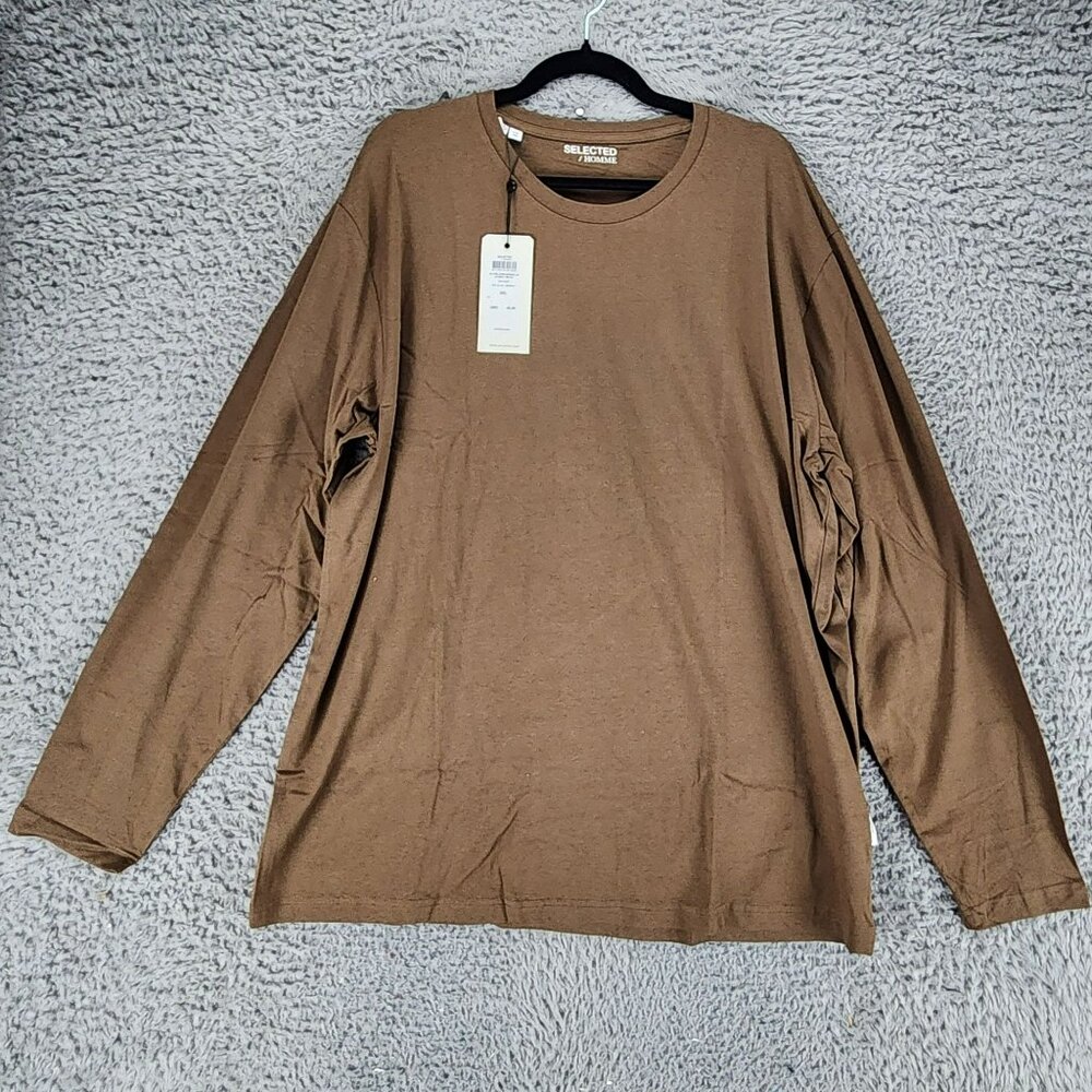 Selected Homme Shirt Mens XXL Dark Earth Brown Long Sleeve Jersey Tee *NWT*